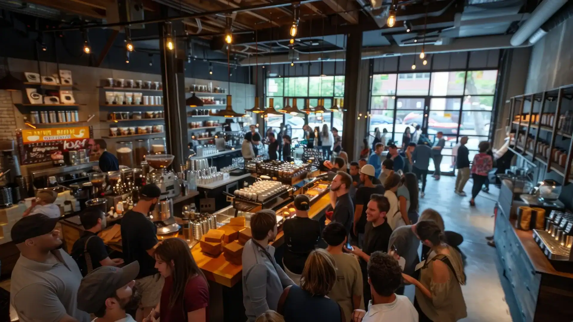 A crowded coffee shop with people in line, baristas preparing drinks behind the counter, and festive balloon decor arranged for a corporate event, with shelves of coffee products along the walls.