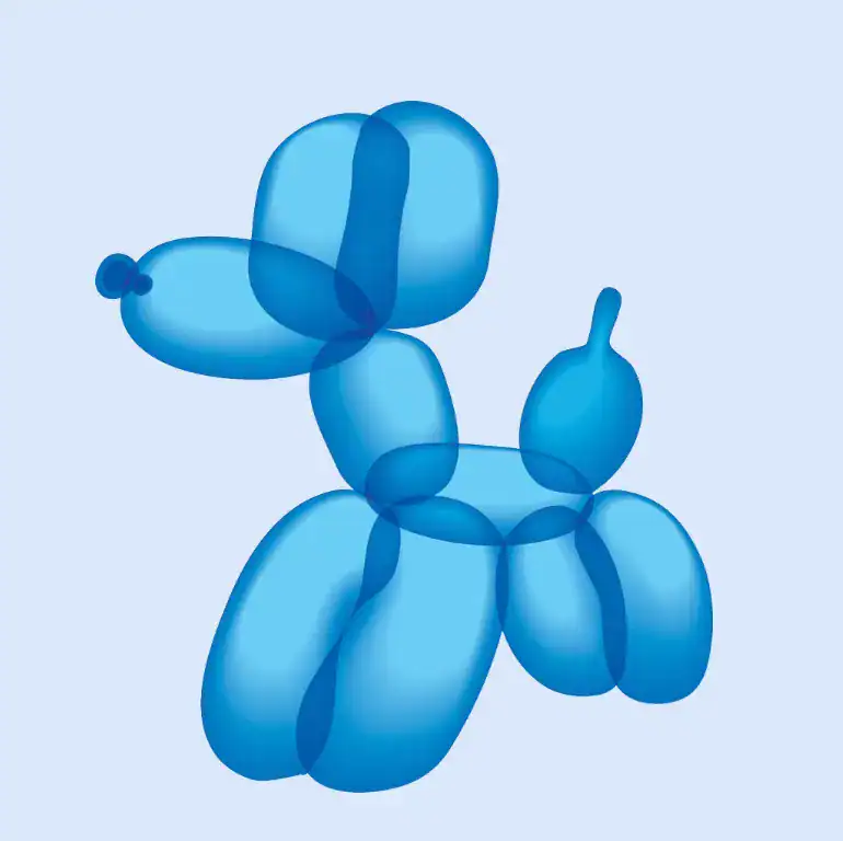 A blue balloon sculpture shaped like a dog pops against a light blue background—perfect for creative balloon installations at your next corporate event in Los Angeles.