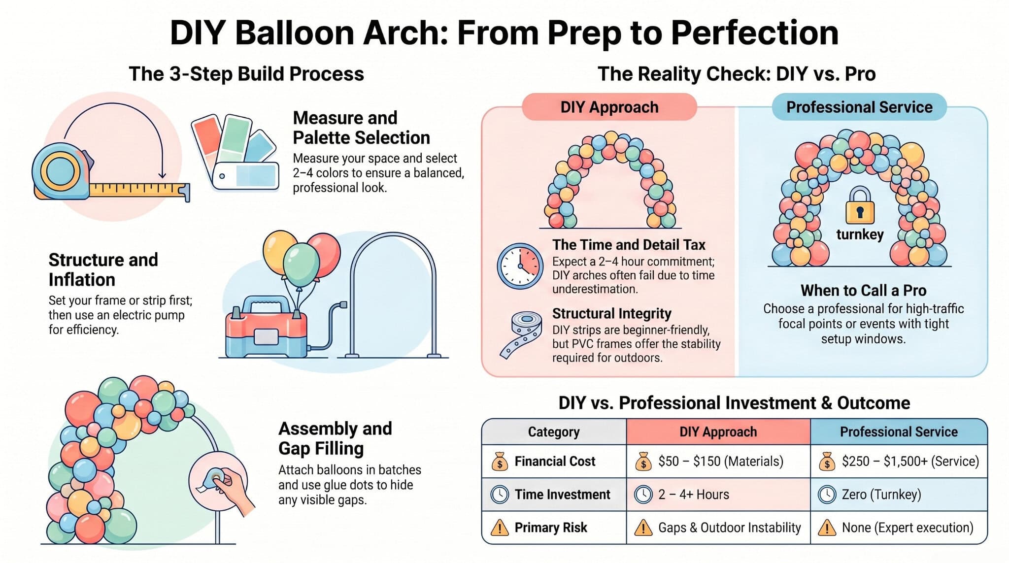 Infographic comparing DIY balloon arch and professional methods, outlining a 3-step DIY process, pros and cons, cost, time, and skill requirements for each approach.