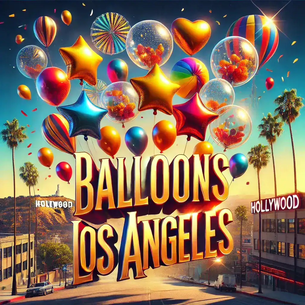 Colorful balloon installations, featuring star and heart shapes, float above a Los Angeles street with two Hollywood signs and palm trees under a clear sky. Text reads "Balloons Los Angeles.