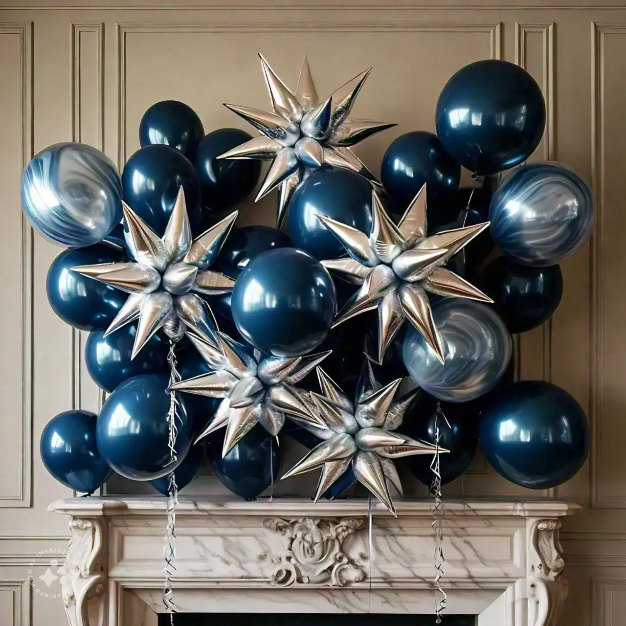 A cluster of dark blue and marbled balloons with silver star-shaped balloons forms a stunning balloon installation above a white marble fireplace against a beige wall.