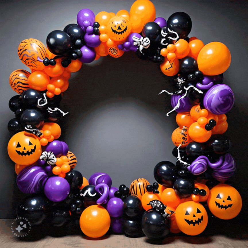 A circular balloon arch featuring orange, black, and purple balloons—with jack-o’-lantern faces and Halloween-themed patterns—makes a festive balloon decor installation created by a skilled balloon artist.