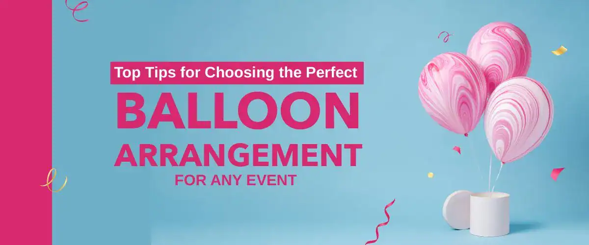 Three pink and white marbled balloons in a white vase on a blue background with confetti, alongside text about choosing the perfect balloon decor by a skilled balloon artist for any event in Los Angeles.