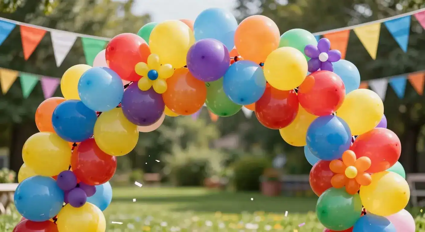 A colorful balloon arch with flower-shaped balloons stands on a grassy lawn in Los Angeles, with multicolored pennant banners hanging in the background—perfect balloon decor for any corporate event.