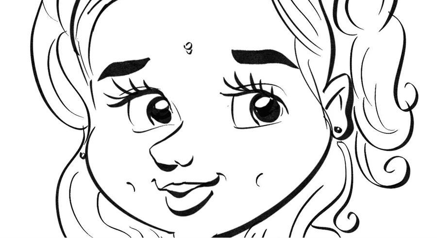 Black and white cartoon drawing of a young girl with large eyes, wavy hair in pigtails, earrings, and a slight smile, holding balloons inspired by Los Angeles balloon decor.