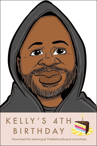 Cartoon-style portrait of a smiling person in a dark hoodie above text reading "Kelly's 4th Birthday" with an illustration of a slice of cake, perfect for celebrating with balloon decor or fun balloon installations in Los Angeles.