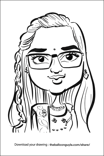 Black and white caricature of a woman with glasses, long hair, jewelry, and traditional attire—perfect for a Los Angeles balloon artist or balloon decor business—featuring a website link at the bottom.