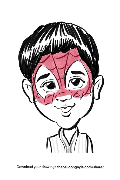 Black and white caricature of a child with short dark hair and a red Spiderman mask painted over the upper half of their face. Perfect for Los Angeles events or as inspiration for balloon decor. Text at the bottom provides a website link.