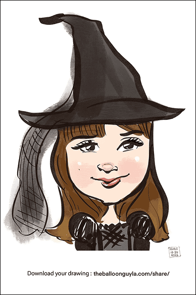 Caricature of a smiling girl with brown hair wearing a black witch hat and black outfit, with a sheer veil on the hat—perfect for adding whimsical charm to balloon installations or as inspiration for themed balloon decor.