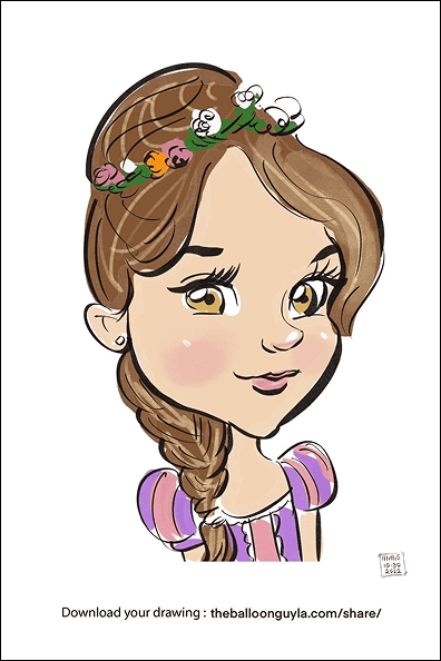 Caricature of a young girl with brown hair in a braid, wearing a purple dress, a floral headband, and inspired by the lively spirit of Los Angeles, shown from the shoulders up.