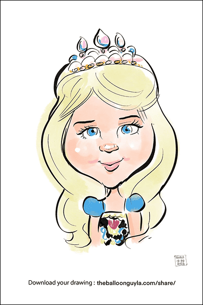 Cartoon caricature of a smiling blonde girl with blue eyes, wearing a jeweled tiara and a blue dress with puffed sleeves, holding colorful balloons—perfect for corporate event invitations or balloon installations.