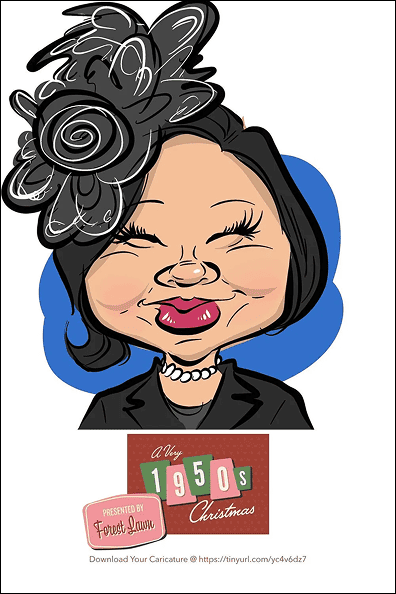 Caricature of a smiling woman with short dark hair and a large decorative hat, against a blue background. Balloon decor accents add flair. Text below reads "A Very 1950s Christmas" with download information.