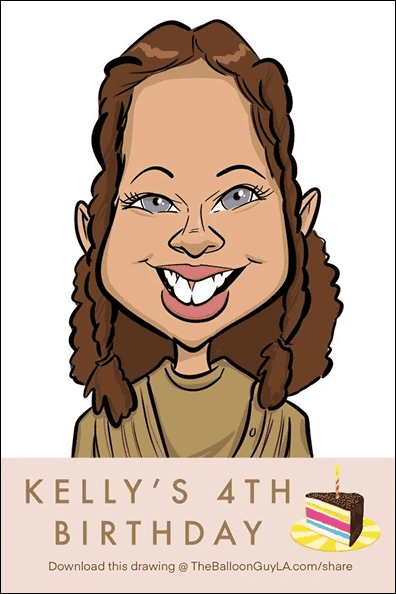 Caricature of a smiling young girl with curly hair. Text below reads “Kelly’s 4th Birthday” with a slice of cake, candle illustration, and festive balloon decor inspired by Los Angeles celebrations.