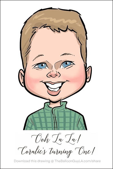 Caricature of a smiling young child with short light brown hair and blue eyes, wearing a green plaid shirt and surrounded by balloons. Text below reads: "Ooh La La! Coralie's turning One!".