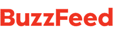 The BuzzFeed logo in bold red letters on a light gray background, with playful balloons inspired by a Los Angeles balloon artist.