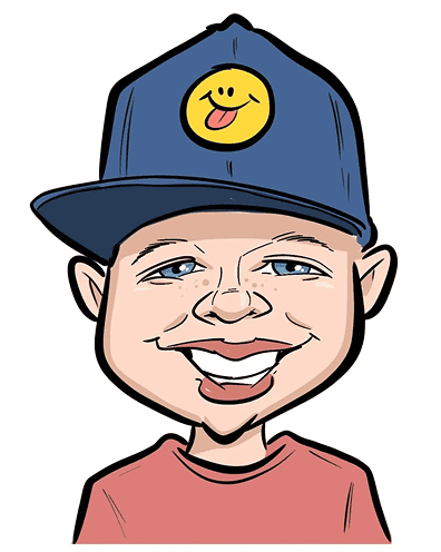 Caricature of a smiling boy wearing a blue cap with a yellow smiley face emblem and a red shirt, shown from the shoulders up—perfect for any Los Angeles balloon artist to add playful charm to their party decor.