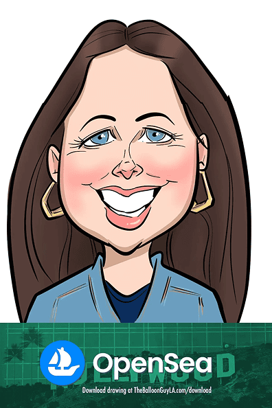 Caricature of a smiling woman with long brown hair and hoop earrings, shown above an OpenSea logo and a download link for TheBalloonGuyLA.com, featuring a talented balloon artist from Los Angeles.
