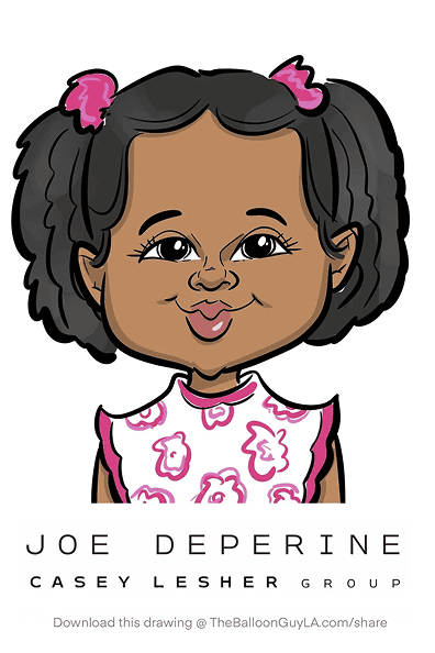 Cartoon caricature of a smiling young girl with pigtails, wearing a white shirt with pink patterns, holding colorful balloons. Text below reads "Joe Deperine Casey Lesher Group.