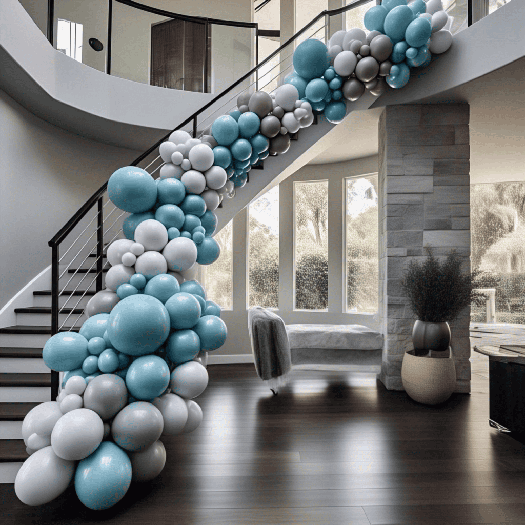 A modern Los Angeles foyer features a curved staircase adorned with a Balloon Garland made of blue and white clusters, elevating the contemporary decor with stunning balloon installations.