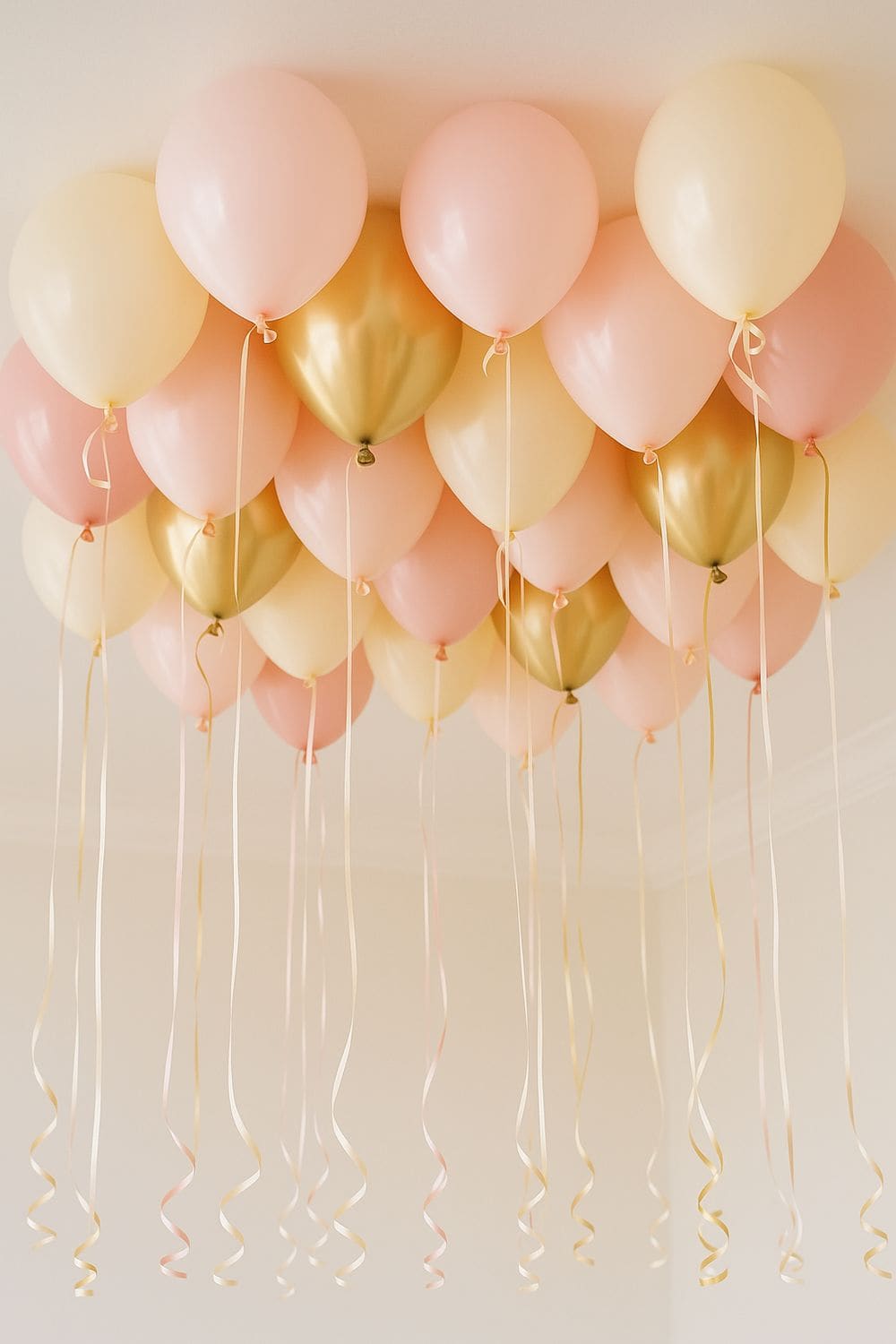 A cluster of Helium Balloons in pink, cream, and gold with long curly ribbons floats near the ceiling, creating elegant decor perfect for celebrating in Los Angeles.