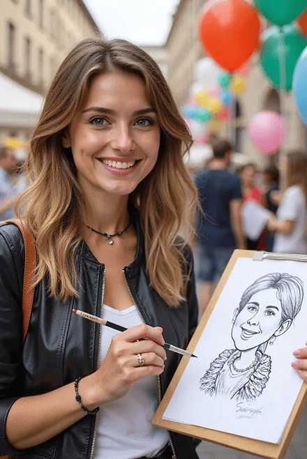 A woman stands outdoors holding a pencil and a caricature portrait, smiling at the camera; vibrant balloon installations and people are visible in the background.