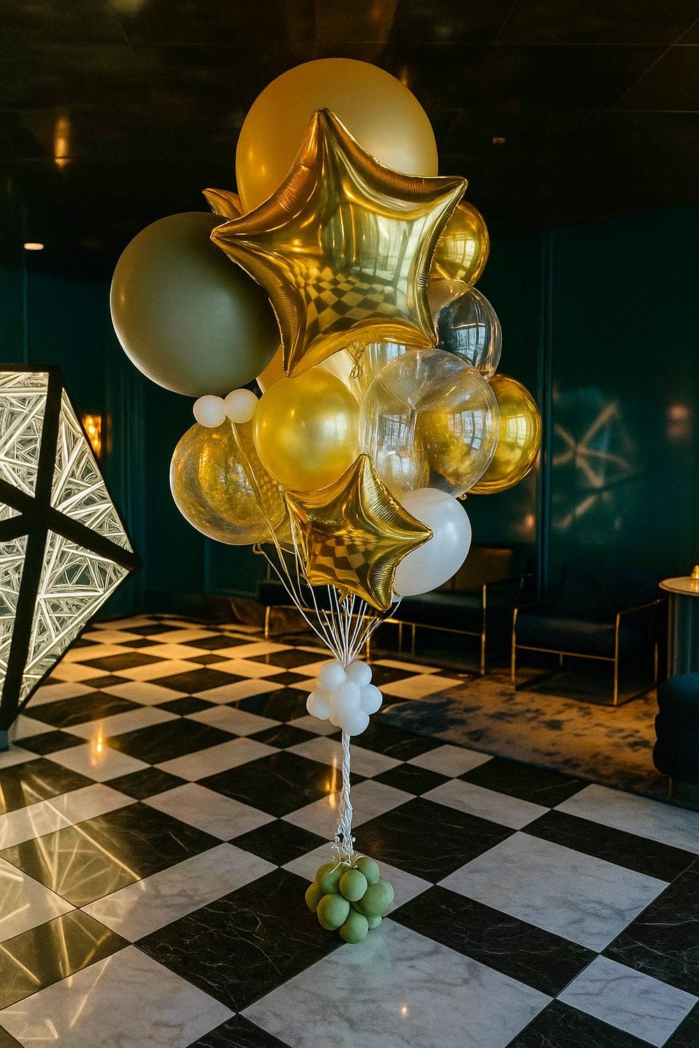 The Signature Balloon Bouquet, featuring gold, white, green, and transparent balloons—plus gold star-shaped ones—creates a striking installation on a checkered black and white floor in a modern room.