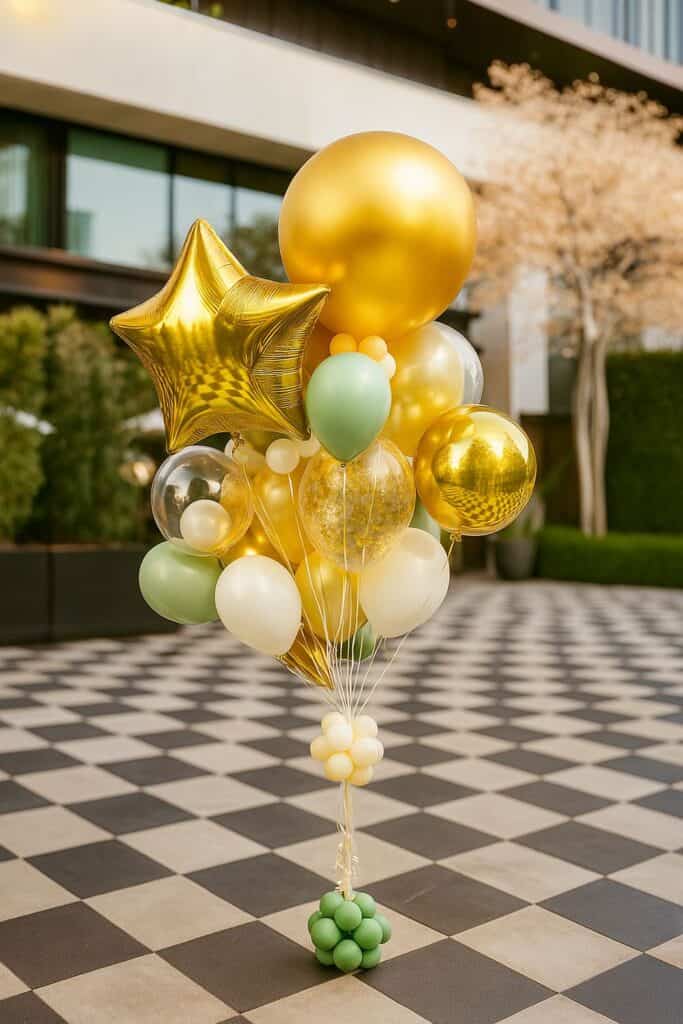 The Signature Balloon Bouquet, featuring gold, green, and clear balloons with a gold star balloon, adds stunning decor to a checkered outdoor floor surrounded by greenery and trees.