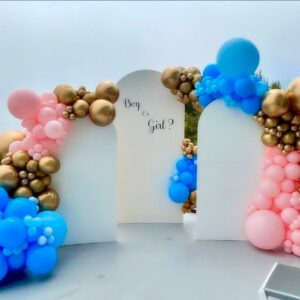 Triple Panel Balloon Arch with Balloon Garlands—featuring pink, blue, and gold balloons around white panels reading "Boy or Girl?"—a stunning creation by a skilled Los Angeles balloon artist for your gender reveal event.
