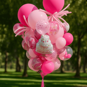 The Supreme balloon set features pink and white balloons, plus a cake-shaped "Happy Birthday" balloon, creating a festive display floating outdoors in a green park.