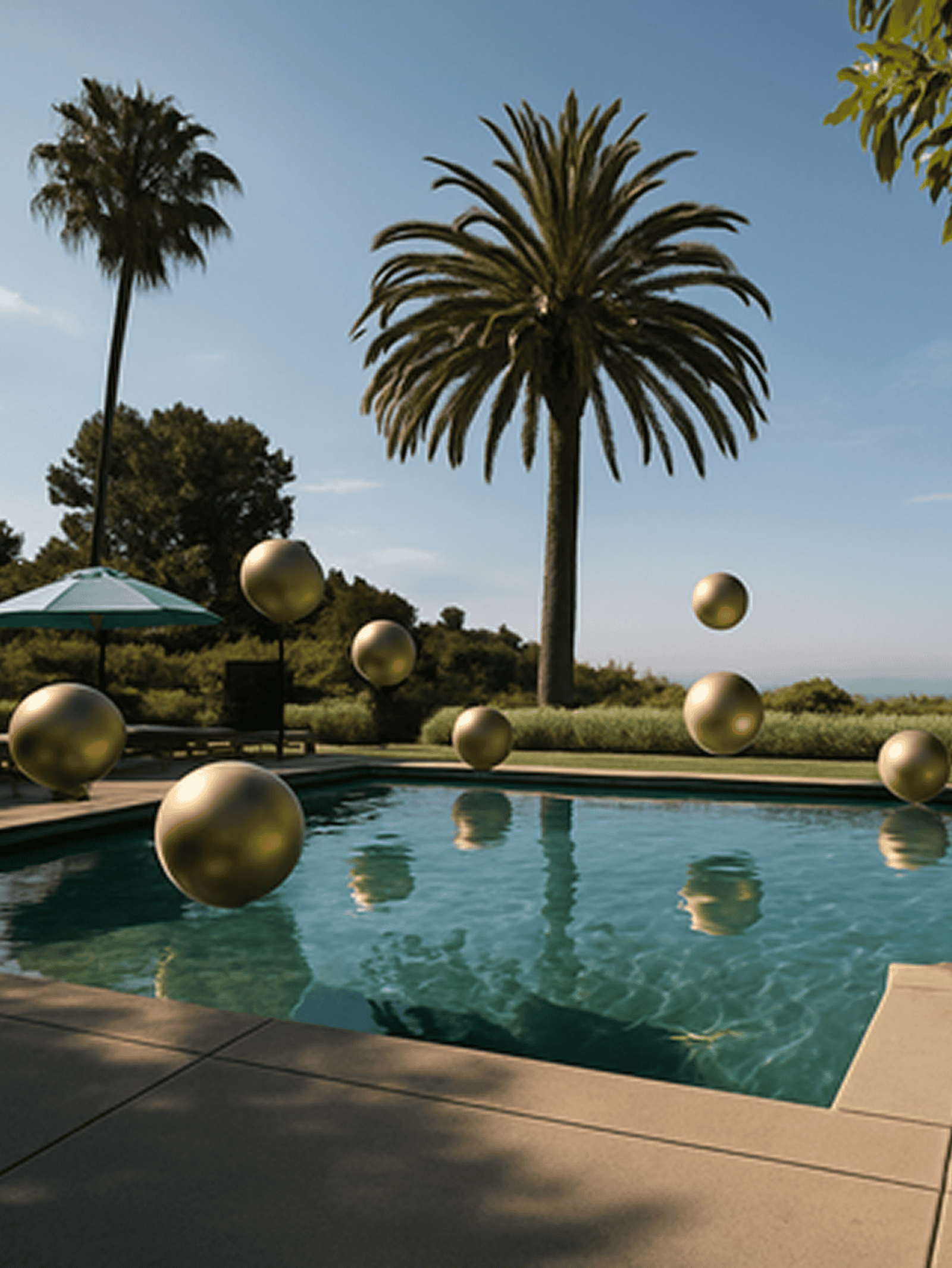 A swimming pool in Los Angeles with golden spheres in a unique balloon installation, surrounded by palm trees and an umbrella on a sunny day—perfect for a chic corporate event.