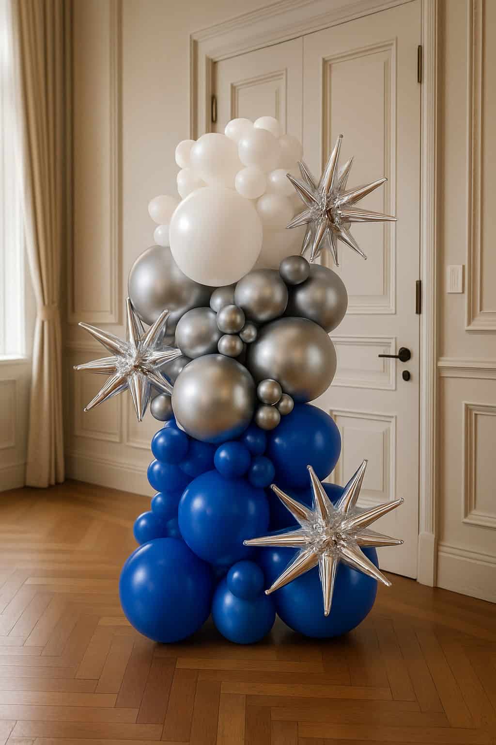 A stunning balloon arrangement featuring blue, silver, and white balloons, accented by silver star-shaped balloons, creates elegant balloon columns in front of cream double doors on wooden floors—perfect event decor.