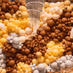 A large cluster of brown, yellow, white, and beige balloons forms a stunning balloon wall beneath a crystal chandelier, making for elegant event decoration.