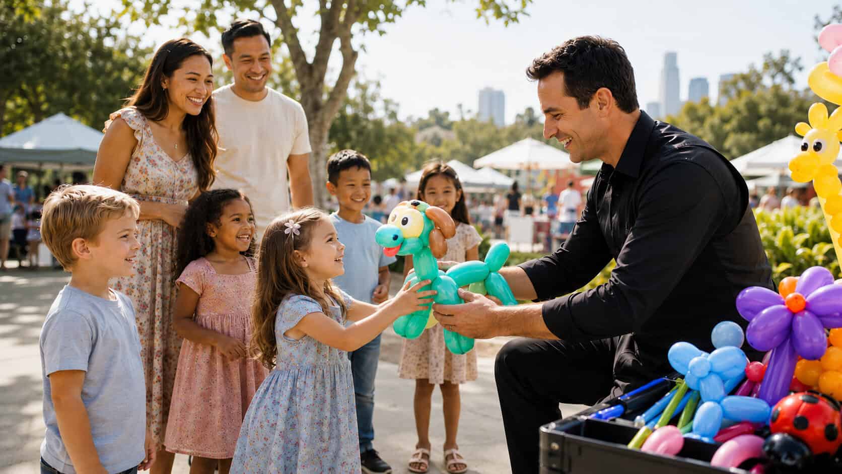 A man makes a balloon dog for a little girl at a community event in Los Angeles.