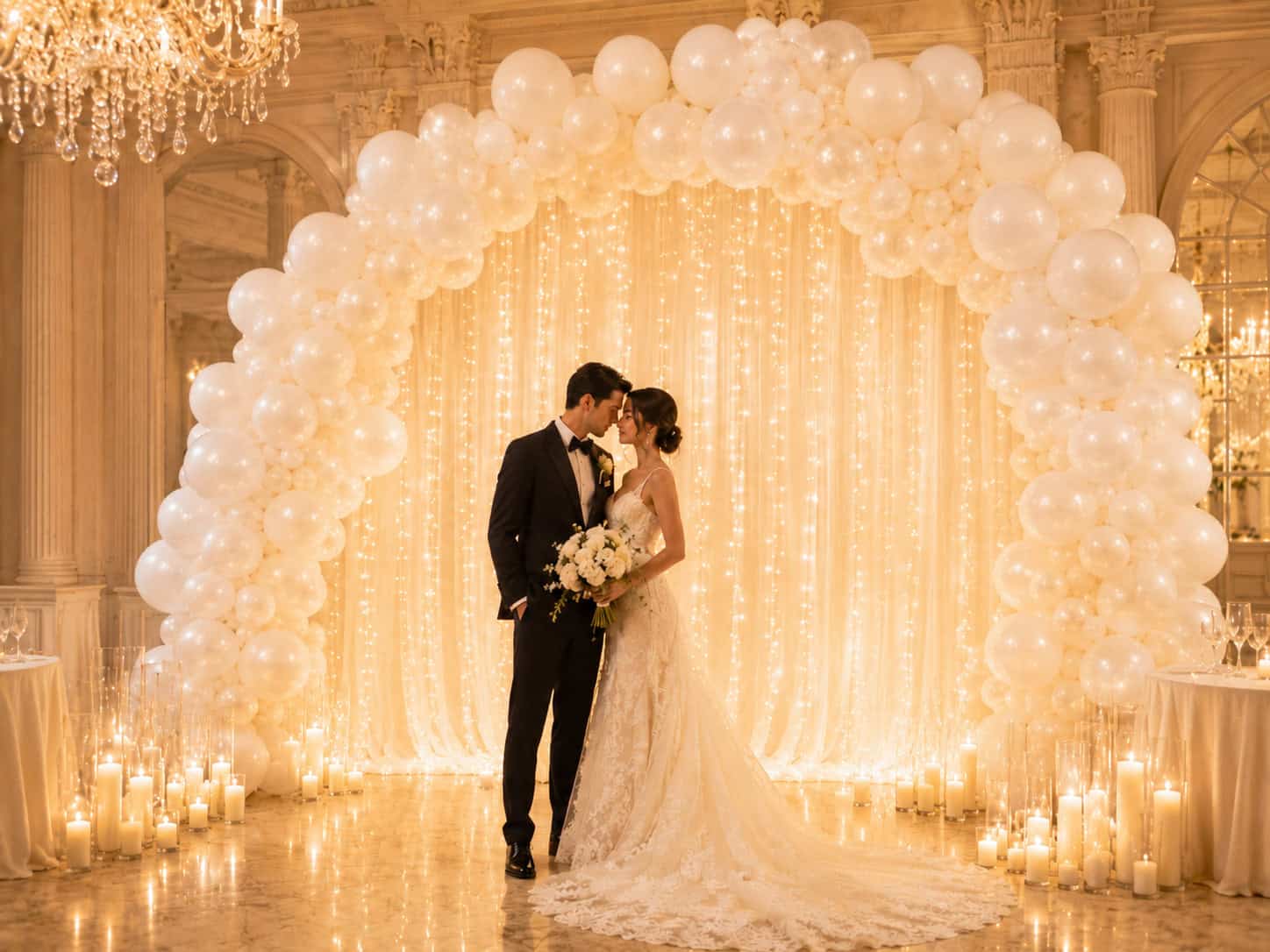 A bride and groom stand close together under a white balloon arch with string lights and candles in an elegant, ornate room.