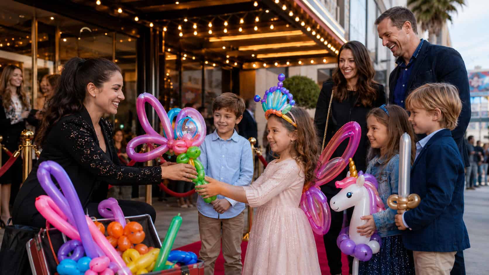A female balloon maker gives a girl a fancy balloon animal outside a movie theater.