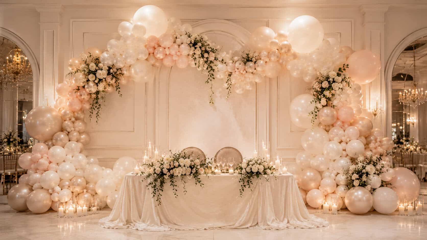 A decorated table with white cloth, floral arrangements, and candles sits in front of a large arch made of white and blush balloons and flowers in an elegant, softly lit room.