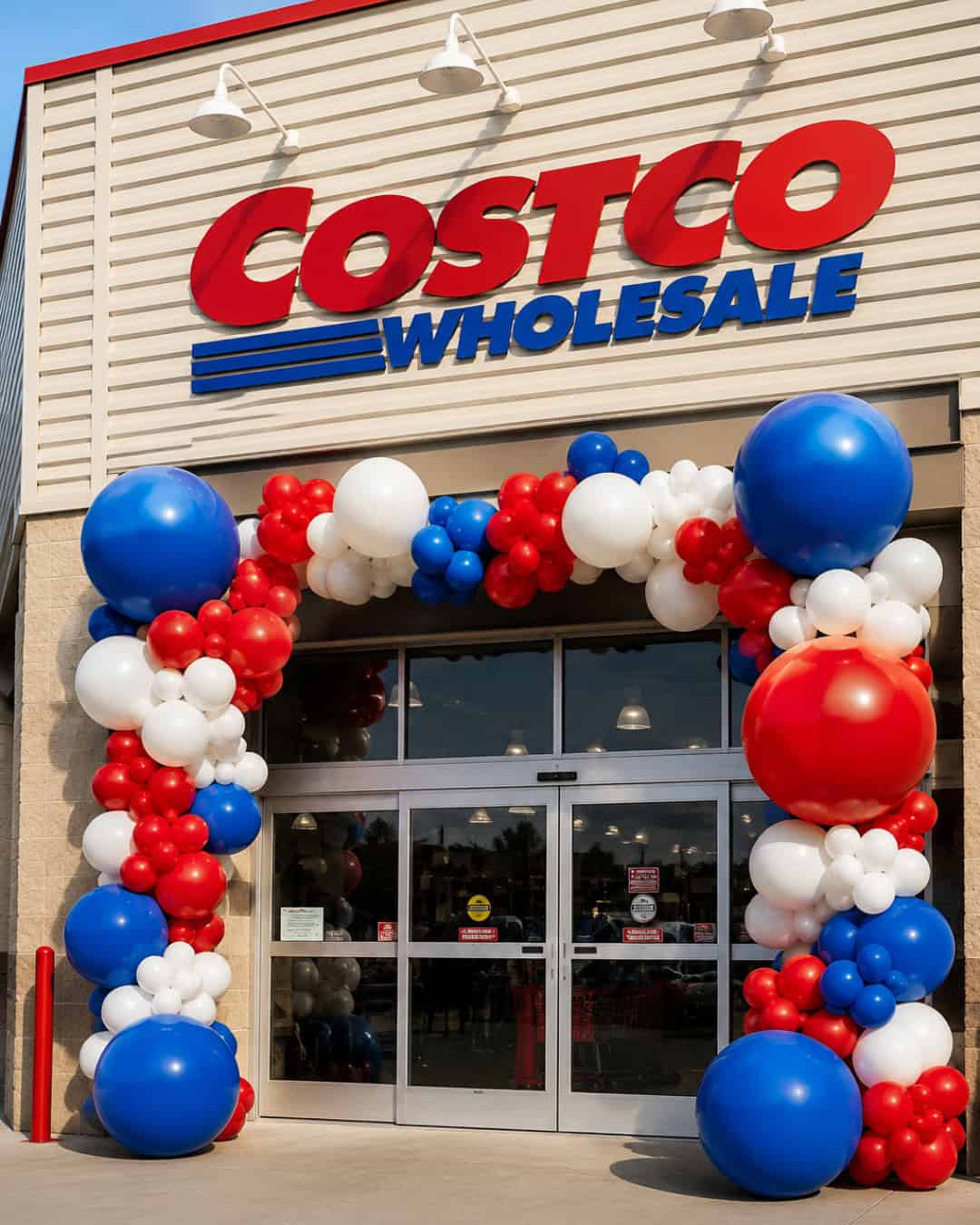 The entrance of a Costco Wholesale store decorated with red, white, and blue balloons celebrates one of their vibrant Grand Openings.