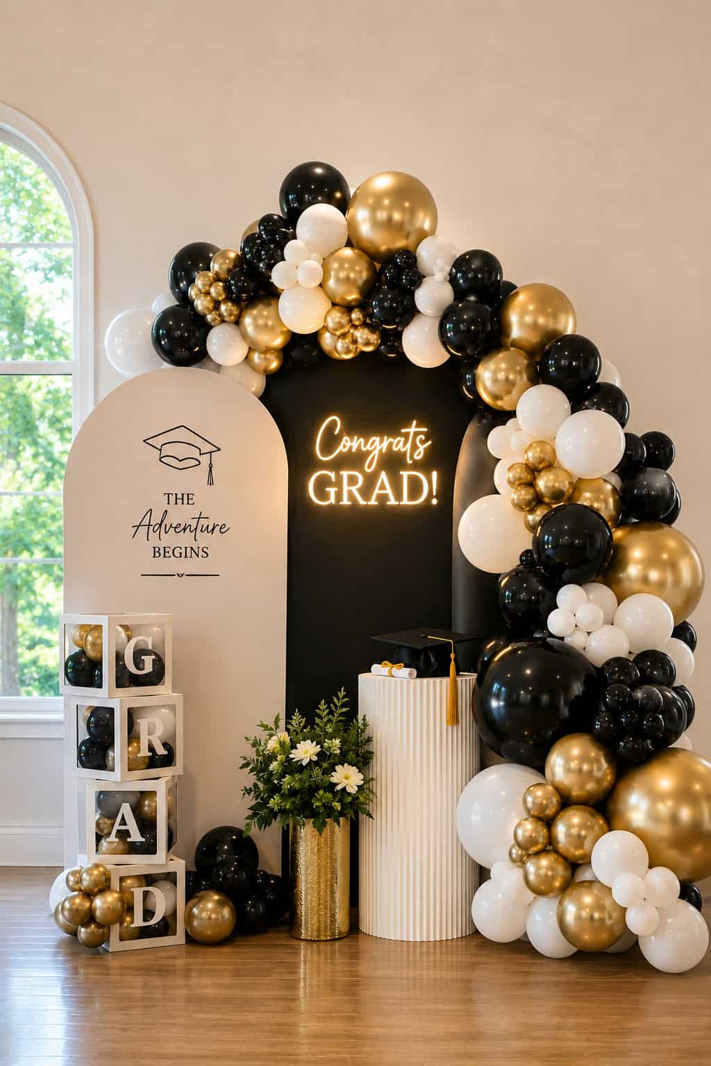 Graduation party display with "Congrats Grad!" sign, black, white, and gold balloons, stacked blocks spelling "GRAD," and graduation cap decorations.