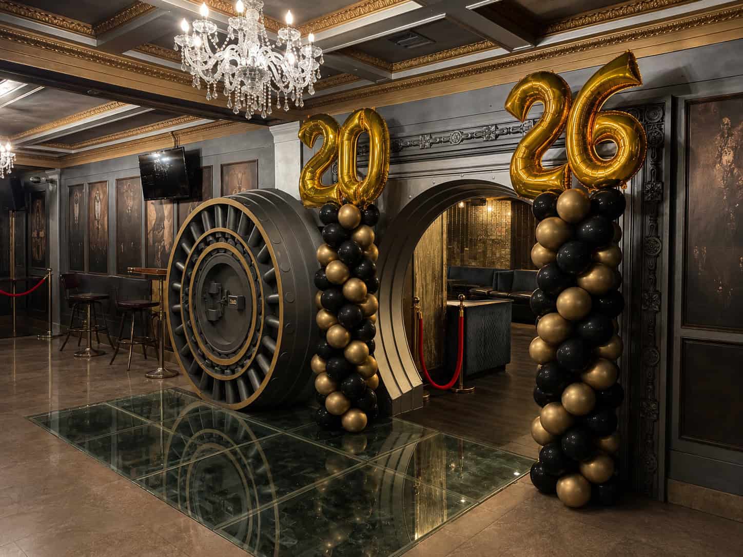 Large gold and black balloon columns with "2026" stand by a vault door in an elegant room with chandeliers and dark decor.