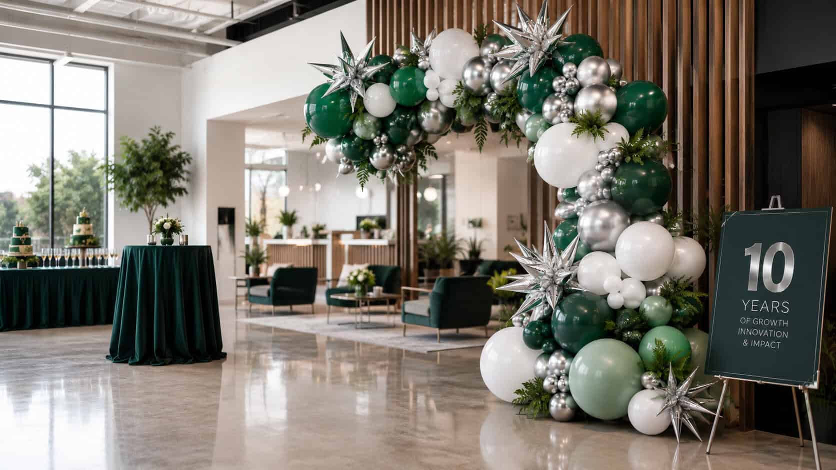 Decorated event space ideal for Corporate Events, featuring a green, silver, and white balloon arch, seating area, and a sign reading “10 Years of Growth, Innovation & Impact.”.