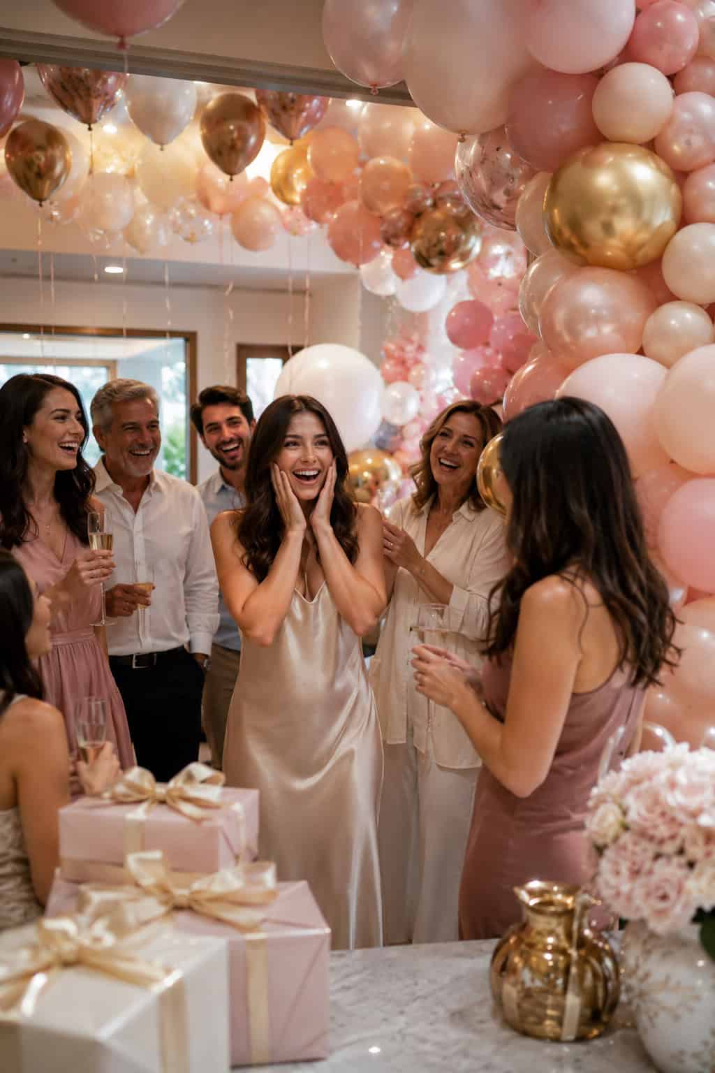 A group of people celebrate indoors with balloons and presents; a woman in a champagne dress stands in the center, smiling with her hands on her face.