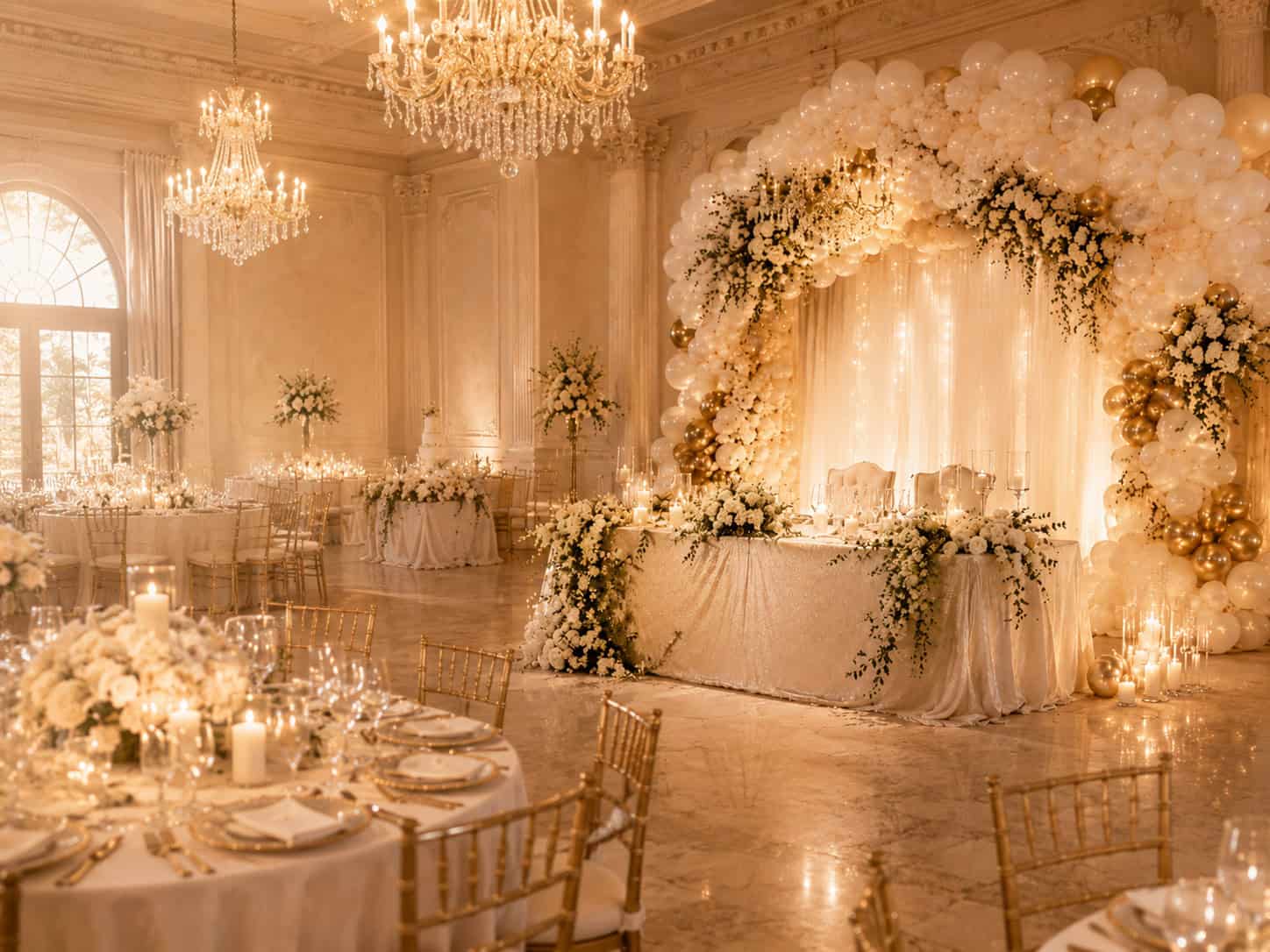 Elegant banquet hall decorated with white and gold flowers, balloons, chandeliers, and candles, featuring a draped arch behind a long table for a formal event or wedding reception.