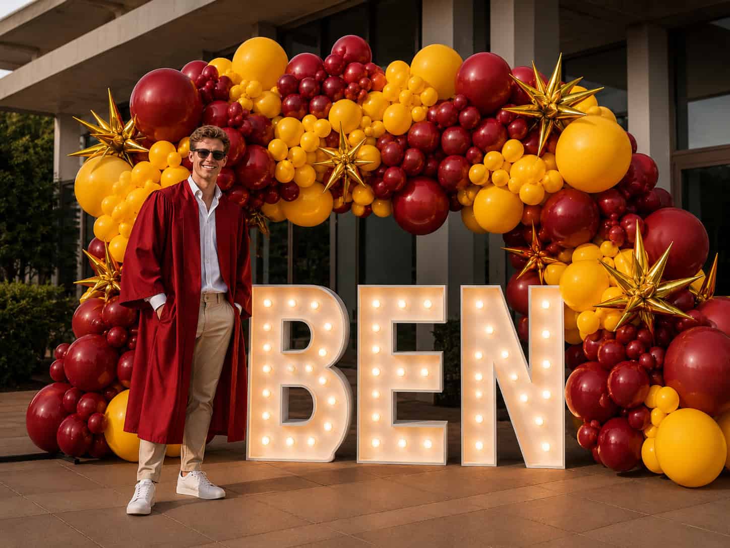 A person in a red graduation gown stands next to large illuminated letters spelling "BEN," with a red and yellow balloon arch in the background.