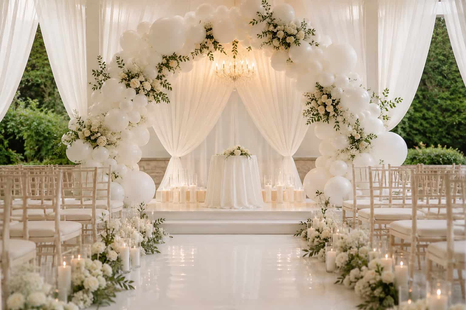 A white wedding ceremony setup with an arch of balloons and flowers, draped curtains, a chandelier, rows of chairs, and candles lining the aisle.