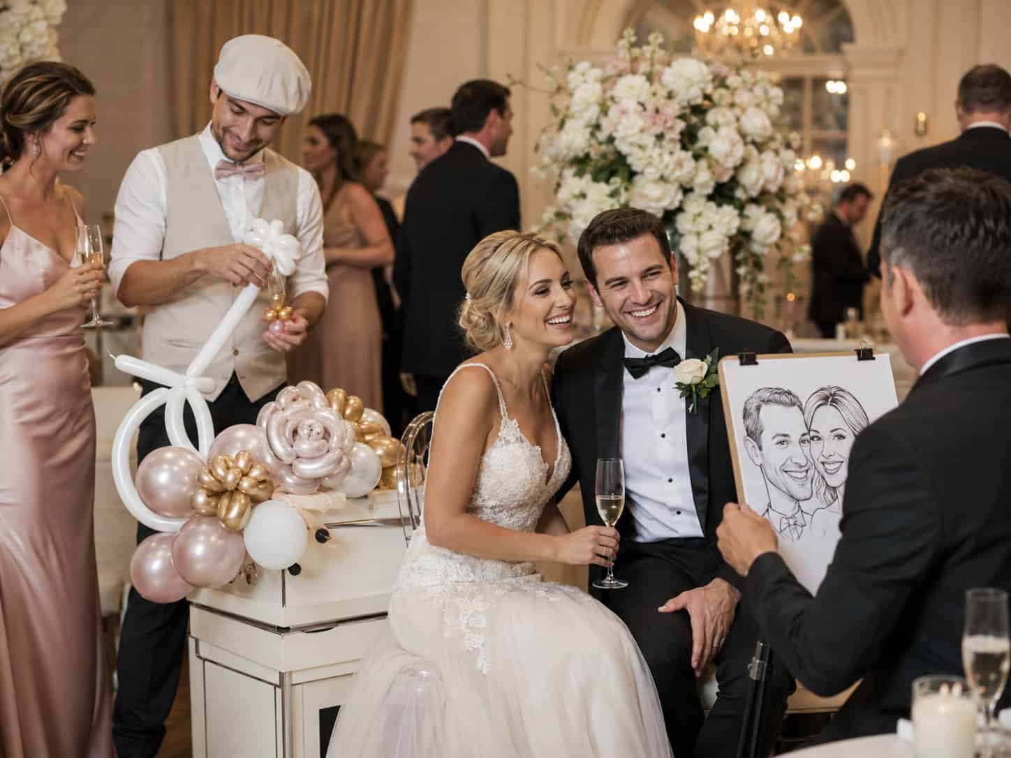 A bride and groom sit together smiling while an artist draws their caricature at a wedding reception with guests and floral decorations in the background.