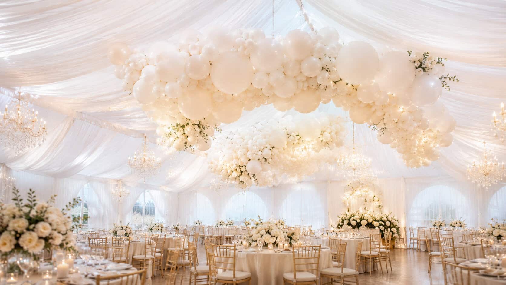 Elegant wedding reception hall decorated with white drapes, chandeliers, floral arrangements, and large clusters of white balloons hanging from the ceiling.