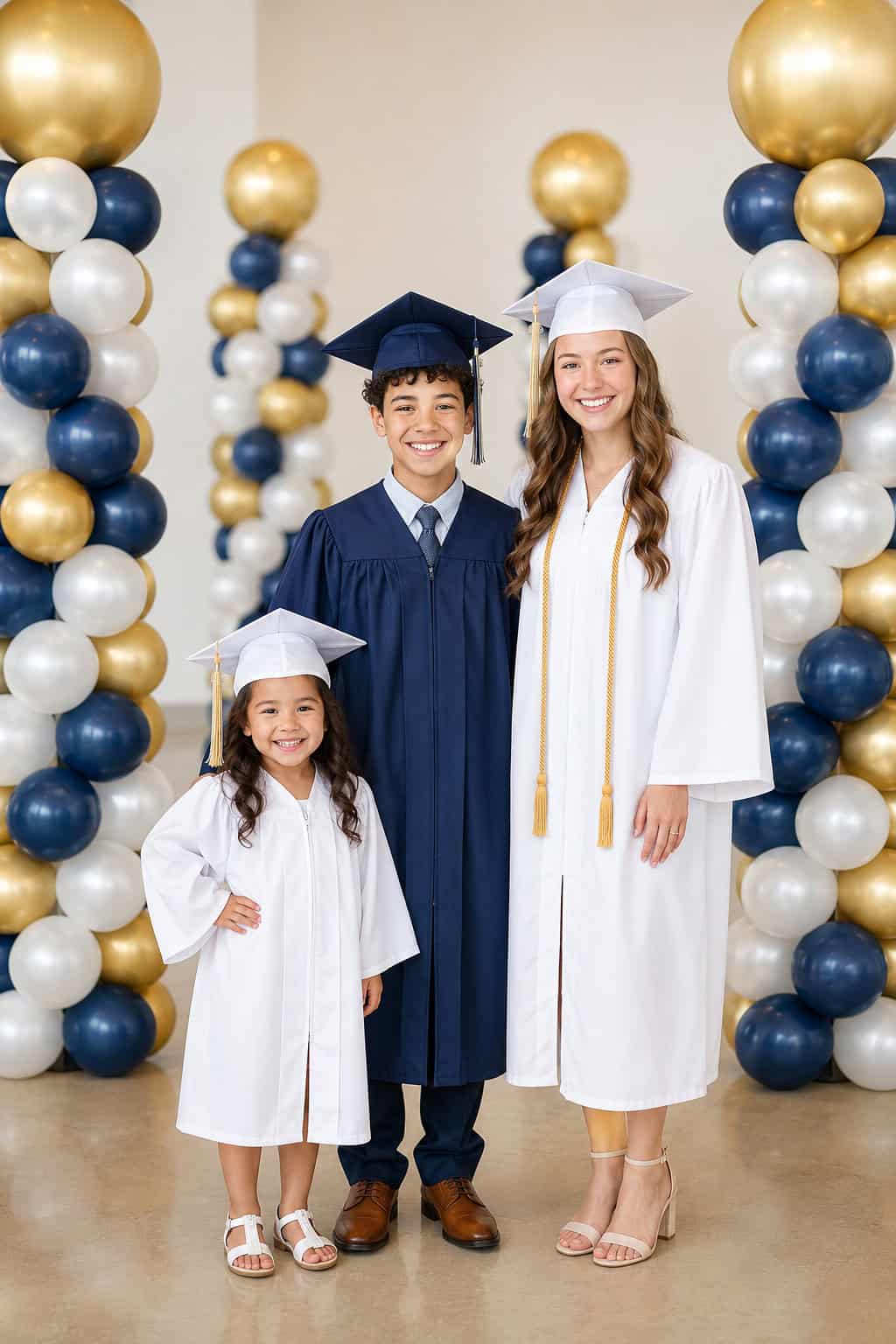 Three graduates pose together in front of blue, gold, and white balloon columns; one wears a navy cap and gown, two wear white caps and gowns.
