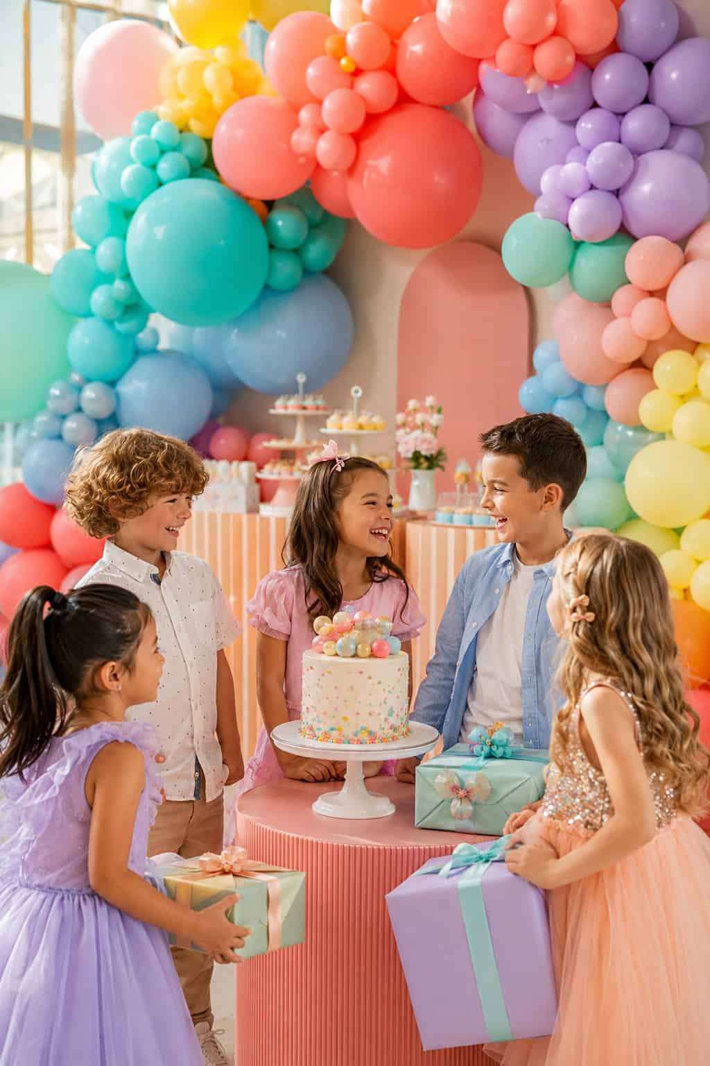 Five children in party clothes stand around a birthday cake and presents, with colorful balloon decorations and treats in the background.