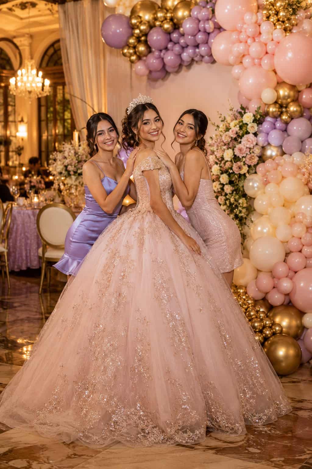 Three young women in formal dresses pose and smile at a decorated party venue with pastel balloons, flowers, and elegant lighting. The central figure wears a tiara and a large ball gown.