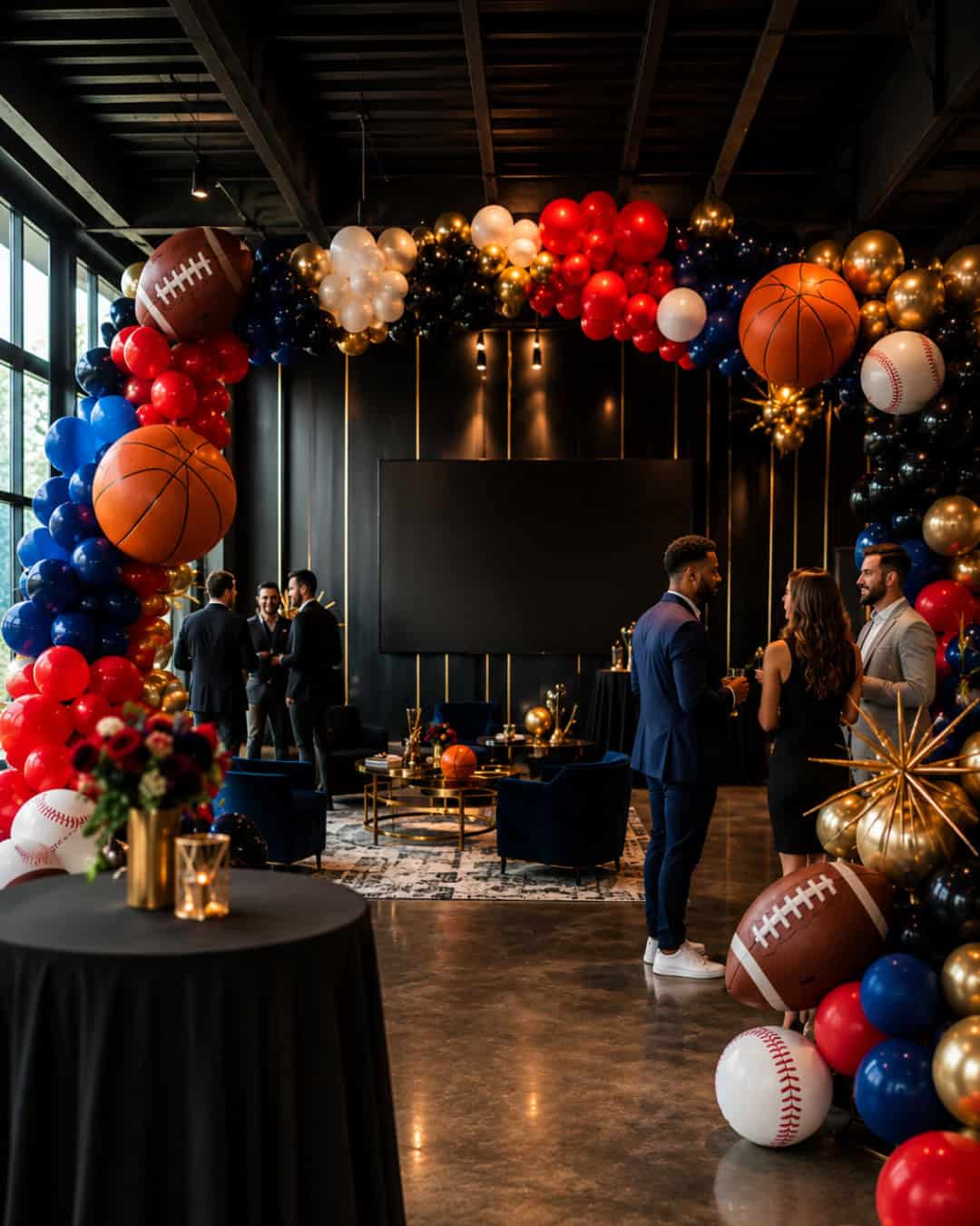 A group of people socialize in an event space decorated for sports events, featuring red, blue, gold, and white balloons and large sports balls like footballs, basketballs, and baseballs.